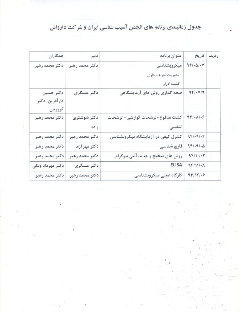 جدول زمان بندی انجمن آسیب شناسی ایران و شرکت دارواش سال 94 